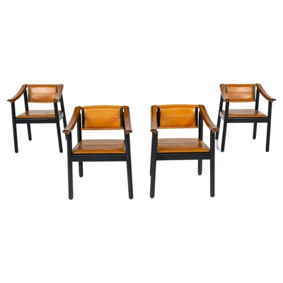 Pre-owned Afra & Tobia Scarpa Mid-century Modern 4 Armchairs In The Style Of Scarpa, Wood And Leather, Italy In Brown