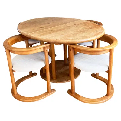 Pre-owned Afra & Tobia Scarpa Round Post Modern Brutalist Mcm Beech Dining Table + 6 Chairs, 9 Pcs Set In Brown