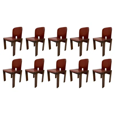 Pre-owned Afra & Tobia Scarpa Set Of 10 Red Lether 121 Chairs, , Cassina, Italy, 1967
