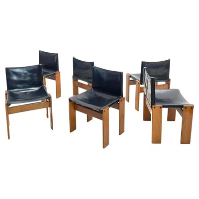 Pre-owned Afra & Tobia Scarpa Set Of 6 Black Leather Chairs Model "monk" By Afra And Tobia Scarpa For Molteni