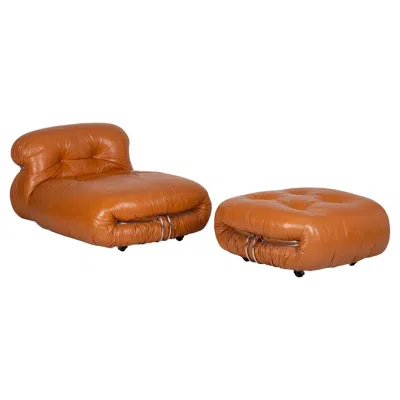 Pre-owned Afra & Tobia Scarpa Soriana Chaise Longue And Pouf By Afra And Tobia Scarpa With Original Leather In Brown