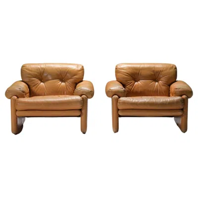 Pre-owned Afra & Tobia Scarpa Stunning Coronado Chairs In Cognac Leather By  - B&b Italia In Brown
