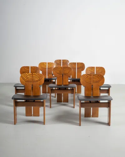 Pre-owned Afra & Tobia Scarpa Tobia Scarpa Set Of Eight Africa Chairs In Walnut And Leather By Maxalto 70s In Brown