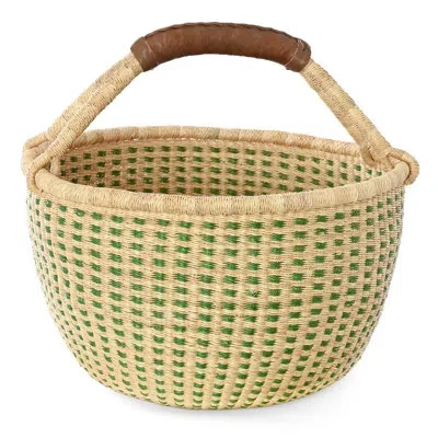 African Modern Forest Green And Natural Checked Bolga Basket In Green,natural
