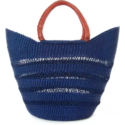 African Modern Ghanaian Lacework Wing Shopper With Leather Handles In Blue