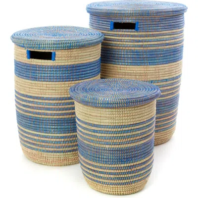 African Modern Set Of Three Blue Ebb & Flow Striped Hampers