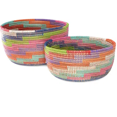 African Modern Set Of Two Colorful Stairwell Nesting Baskets In Multi