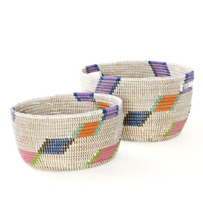 African Modern Set Of Two Diagonal Diamond Nesting Storage Baskets In Multi