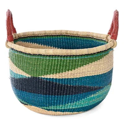African Modern Shades Of Blue Triangle Design Bolga Basket With Leather Handles