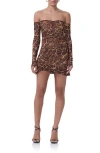 Afrm Adrian Ruched Off The Shoulder Long Sleeve Minidress In Cocoa Leopard