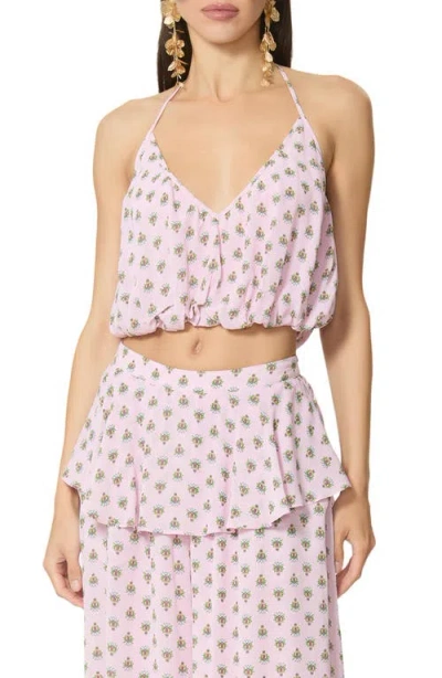Afrm Ailee Micro Print Halter Bubble Hem Crop Top In Pink