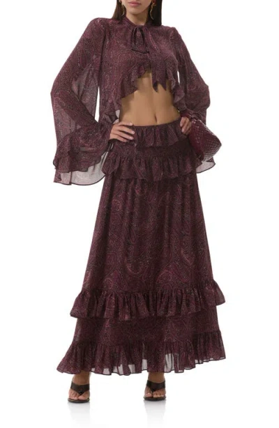 Afrm Aldora Paisley Bell Sleeve Crop Top In Burgundy