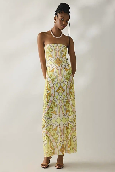 Afrm Alfie Semi-sheer Mesh Strapless Maxi Dress In Geo Scarf, Women's At Urban Outfitters In Neutral