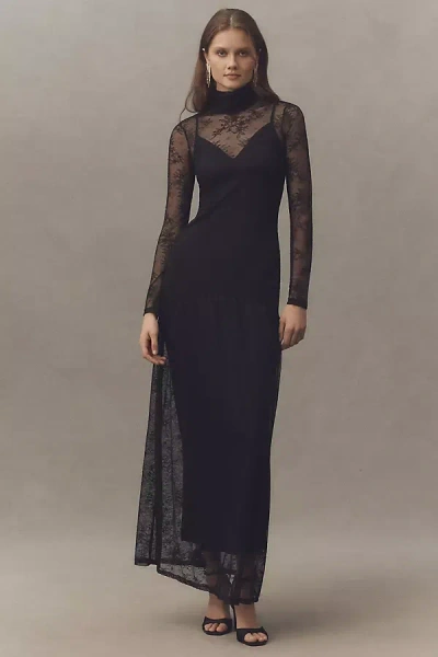 Afrm Amala Lace High-neck Long-sleeve Maxi Dress In Black