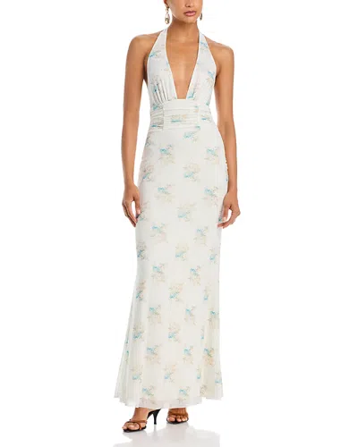 Afrm Anja Floral Print Halter Maxi Dress In White