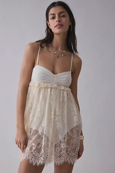 Afrm Aria Sheer Lace Babydoll Mini Dress In Birch, Women's At Urban Outfitters
