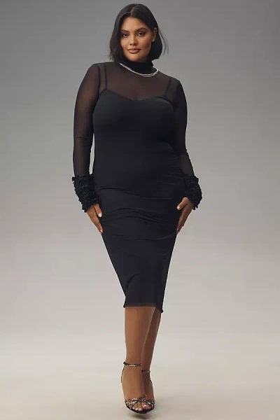 Afrm Ariel Mock-neck Ruffle-cuff Mesh Dress In Black