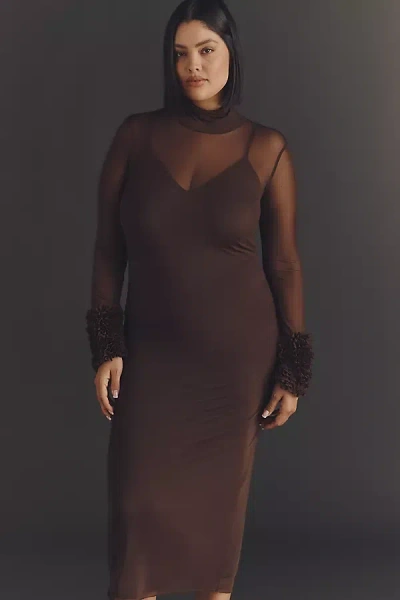 Afrm Ariel Mock-neck Ruffle-cuff Mesh Dress In Brown