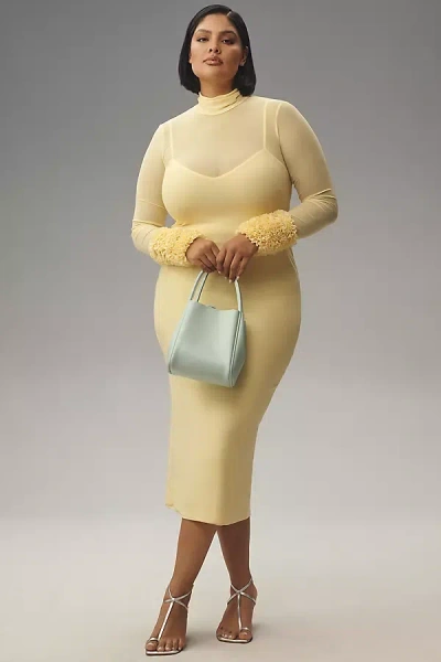 Afrm Ariel Mock-neck Ruffle-cuff Mesh Dress In Yellow