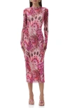 Afrm Ashland Print Long Sleeve Mesh Midi Dress In Multi