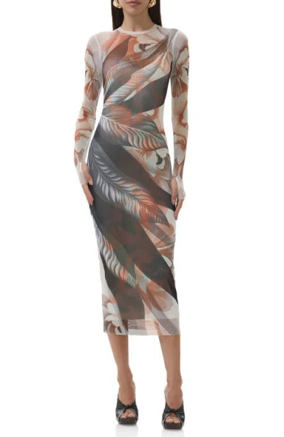 Afrm Ashland Print Long Sleeve Mesh Midi Dress In Multi