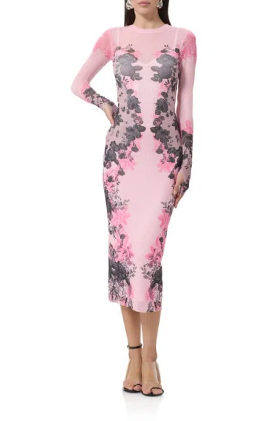 Afrm Ashland Print Long Sleeve Mesh Midi Dress In Pink