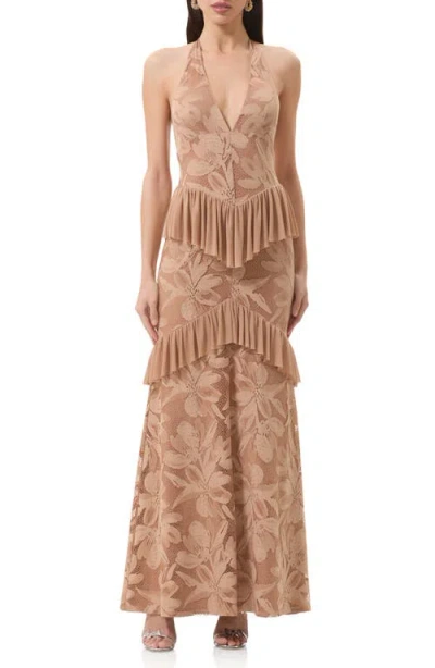 Afrm Athens Floral Lace Ruffle Halter Maxi Dress In Brown
