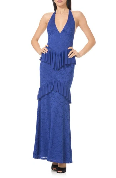 Afrm Athens Silken Lace Halter Maxi Dress In Lapis