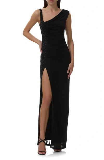 Afrm Becky Rhinestone Shirred Cocktail Dress In Black