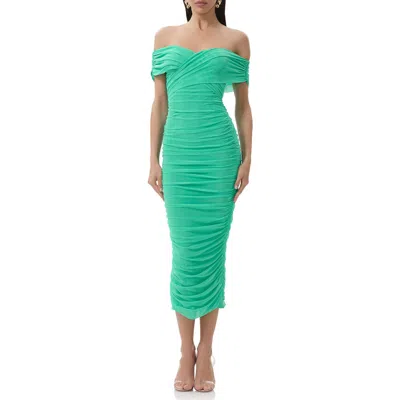Afrm Belmont Off The Shoulder Ruched Mesh Midi Dress