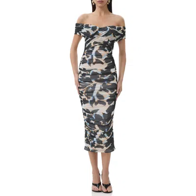 Afrm Belmont Off The Shoulder Ruched Mesh Midi Dress