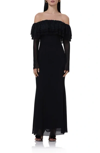 Afrm Betty Off The Shoulder Long Sleeve Mesh Maxi Dress In Noir