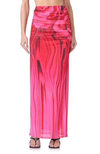 Afrm Bevin Print Ruched Powermesh Maxi Skirt In Organic Rose