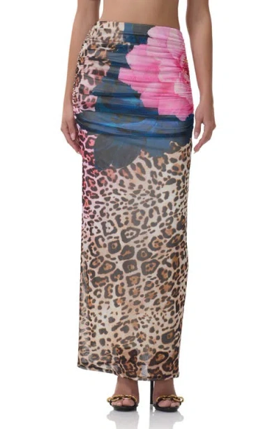 Afrm Bevin Printed Ruched Mesh Maxi Skirt In Multi