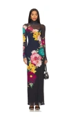 Afrm Billie Floral Print Long Sleeve Mesh Maxi Dress In Navy Block Floral