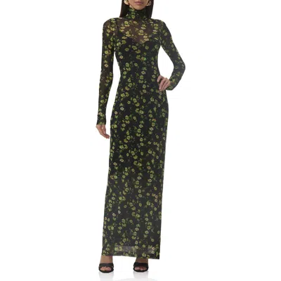 Afrm Billie Floral Long Sleeve Mesh Maxi Dress In Brown