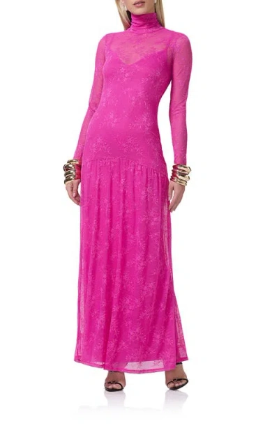 Afrm Billie Long Sleeve Sheer Lace Maxi Dress In Cosmo Pink