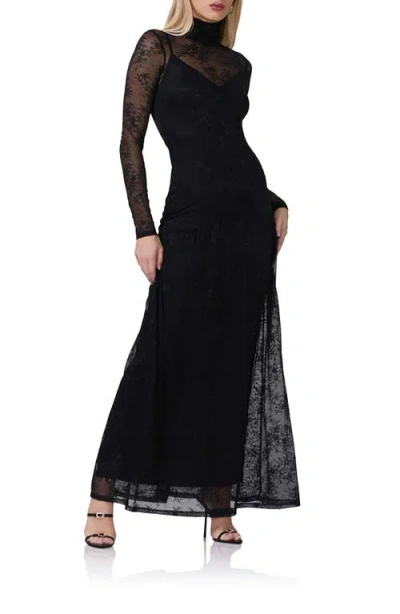 Afrm Billie Long Sleeve Sheer Lace Maxi Dress In Noir