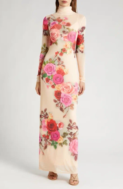Afrm Billie Print Long Sleeve Semisheer Dress In Beige Rose Swirl