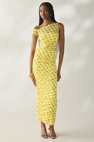 Afrm Biona Deco Dot Ruched Mesh One-shoulder Midi Dress In Deco Dot, Women's At Urban Outfitters