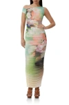 Afrm Biona Floral One-shoulder Ruched Mesh Maxi Dress In Sunbeam Floral