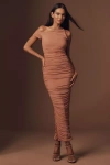 Afrm Biona One-shoulder Ruched Mesh Fitted Column Maxi Dress