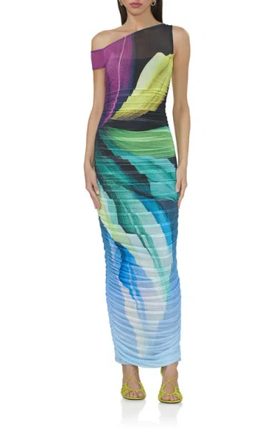 Afrm Biona One-shoulder Ruched Mesh Maxi Dress In Black Lotus