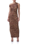Afrm Biona One-shoulder Ruched Mesh Maxi Dress In Cocoa Leopard