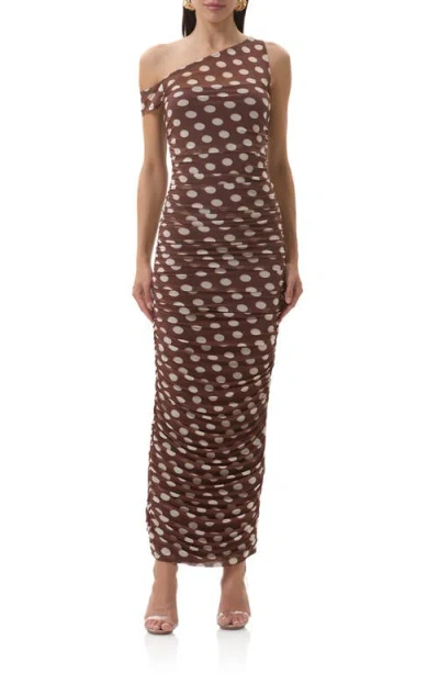 Afrm Biona Printed One-shoulder Ruched Mesh Maxi Dress In Brown