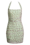 Afrm Bonnie Halter Neck Mesh Minidress In Mint Plaid