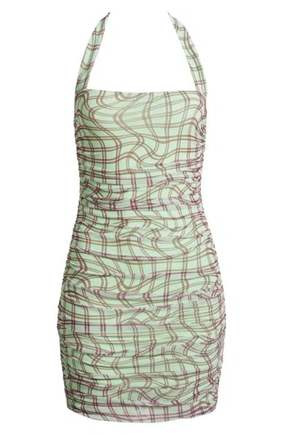 Afrm Bonnie Halter Neck Mesh Minidress In Mint Plaid