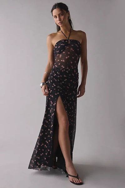 Afrm Britta Ruched Mesh Y-neck Halter Maxi Dress In Delicate Ditsy, Women's At Urban Outfitters