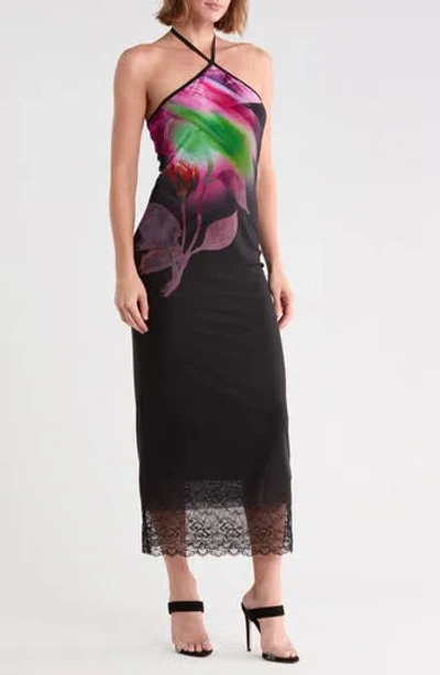 Afrm Brooklyn Halter Lace Hem Dress In Pink Peony Blur