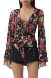 Afrm Cadence Lace-up Long Sleeve Top In Dusted Floral